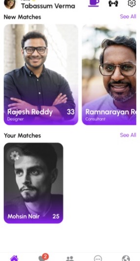 Zoadi app home screen showing new matches and saved matches